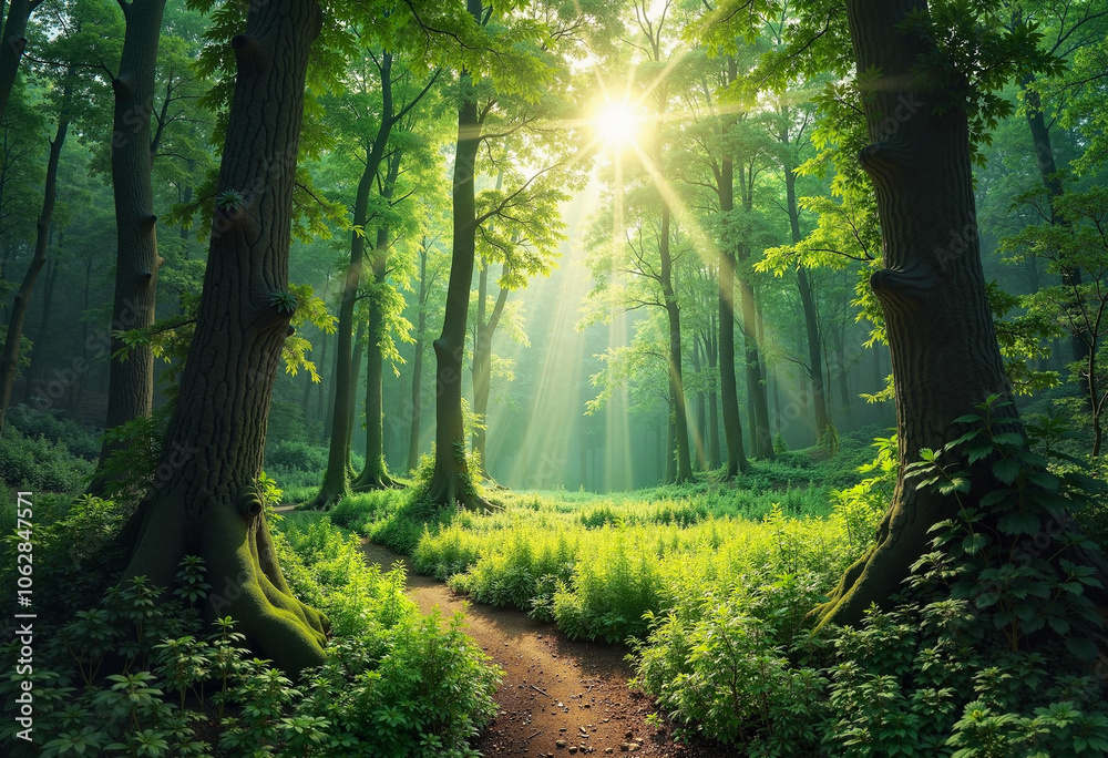 Fototapeta premium A serene Easter morning in a lush forest with sunlight streaming through vibrant green trees