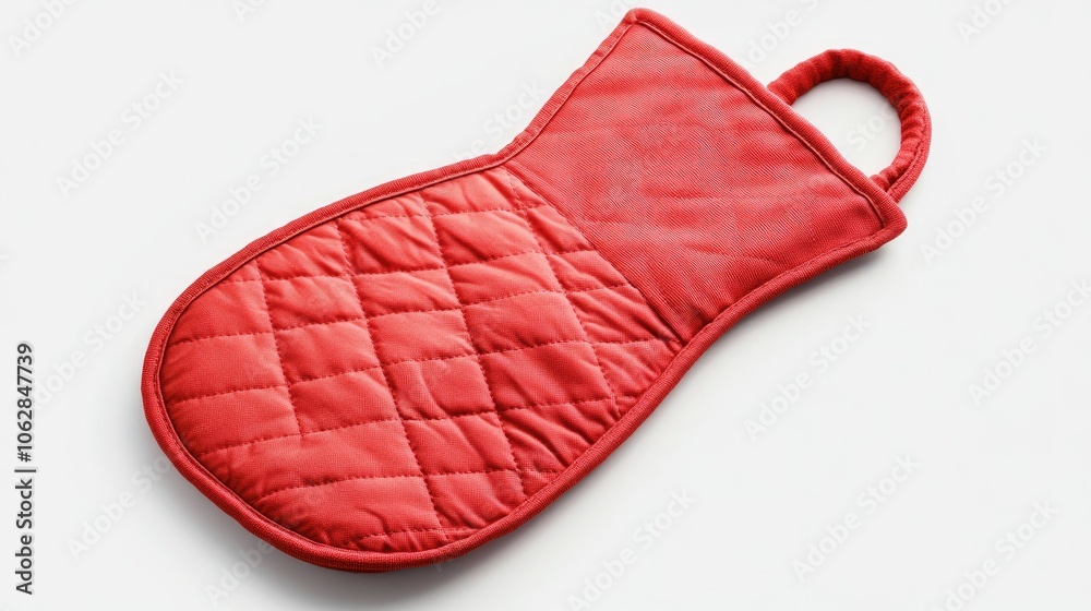 A bright red kitchen oven mitt placed on a white background, offering a simple and clean design for culinary themes. A bright red kitchen oven mitt placed on a white background, offering a simple and clean design for culinary themes.