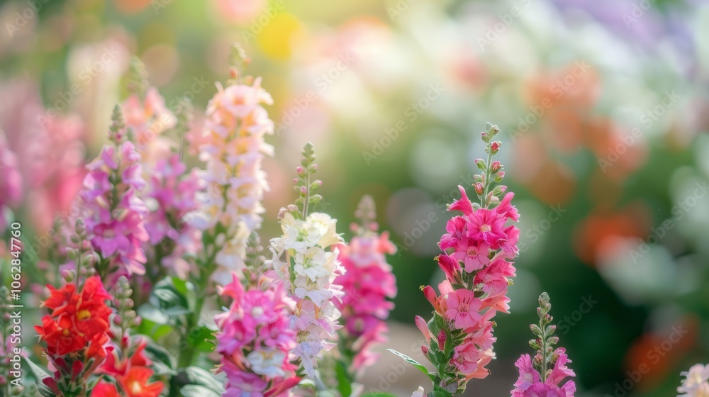 Snapdragon blooms in shades of pink, red, and white, their spiky flowers adding height and color to the garden Snapdragon blooms in shades of pink, red, and white, their spiky flowers adding height and color to the garden