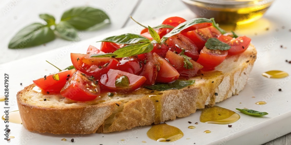 A single slice of toasted bread topped with fresh, juicy tomato slices and vibrant basil leaves, drizzled with a fragrant oil, a culinary masterpiece ready to tantalize your taste buds.