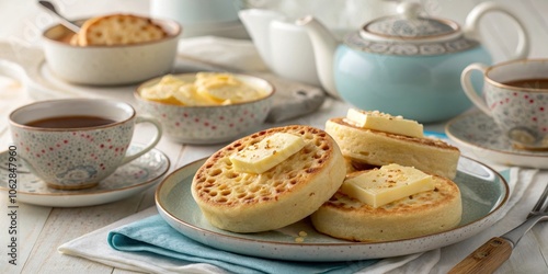 A plate of golden crumpets topped with pats of butter, served with a cup of tea and a teapot, all set on a white table with blue and white napkins.