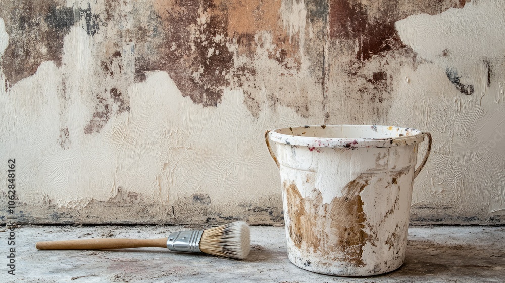 A bucket of white paint and a brush lying nearby, set against the backdrop of a partially painted wall, symbolizing ongoing renovation work. A bucket of white paint and a brush lying nearby, set against the backdrop of a partially painted wall, symbolizing ongoing renovation work.