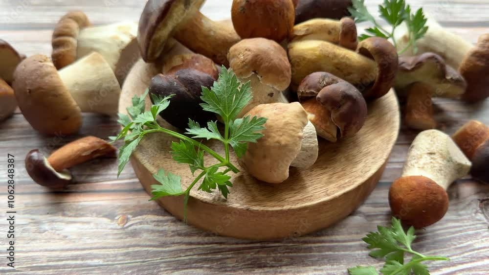 Assorted fresh mushrooms and herbs Assorted fresh mushrooms and herbs
