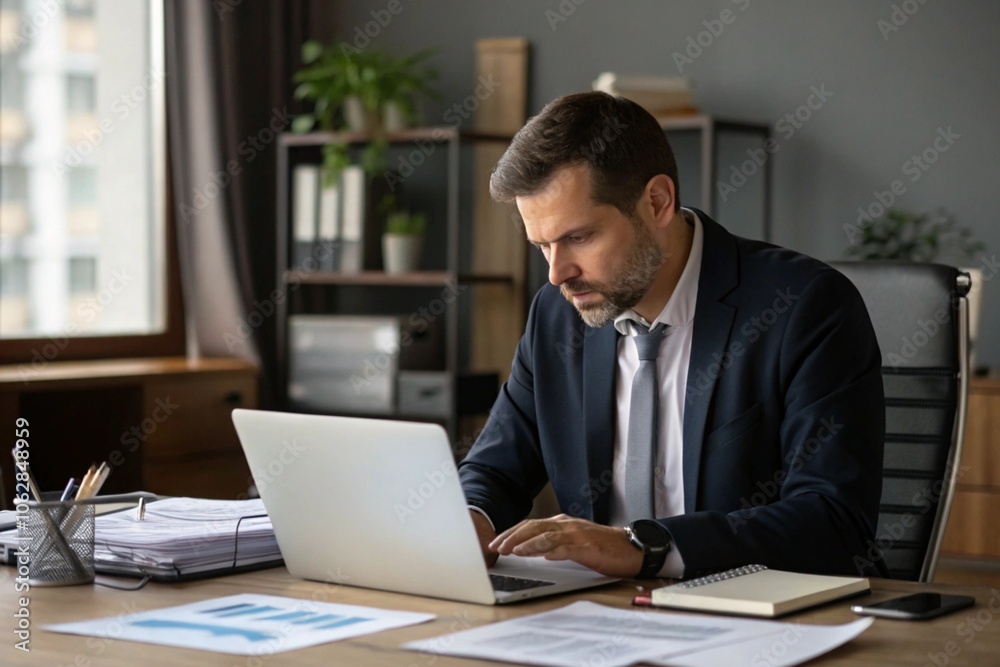 Serious businessman working on laptop. Male professional is planning strategy while sitting at office desk Serious businessman working on laptop. Male professional is planning strategy while sitting at office desk