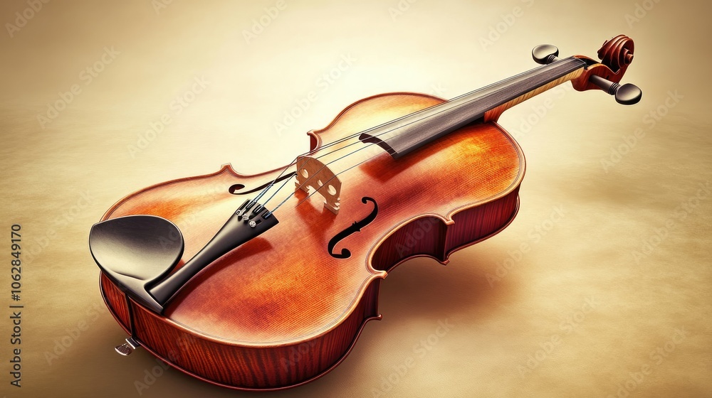 Fototapeta premium A classical viola, artistically rendered in 3D, set against a warm beige tone, with intricate details on the strings highlighted in soft brown.