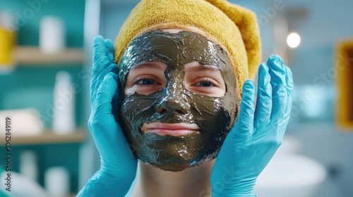 Skincare specialist applies detoxifying mud mask for ultimate spa experience and relaxation photo