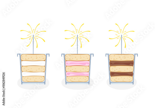 Vector illustration set of different flavors of cute style cake slices. Flat design, isolated on white. Vector illustration of bakery, birthday cake, party, celebration, festival, happy for greeting.