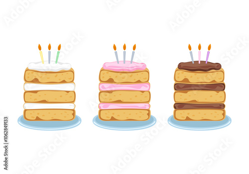 Vector illustration set of different flavors of cute style cake slices. Flat design, isolated on white. Vector illustration of bakery, birthday cake, party, celebration, festival, happy for greeting.