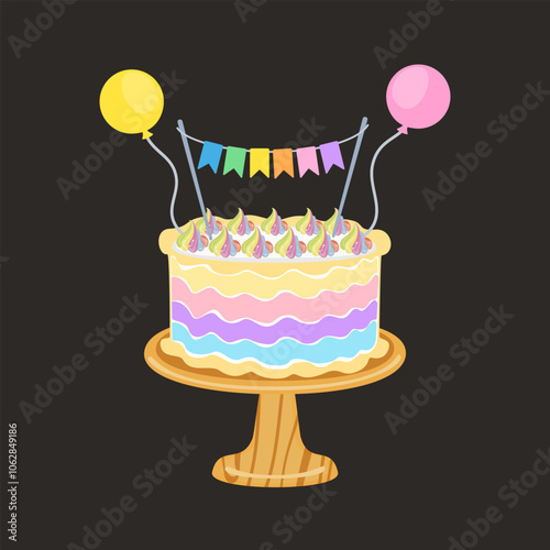 Vector illustration set of different flavors of cute style cake slices. Flat design, isolated on background. Vector of bakery, birthday cake, party, celebration, festival, happy for greeting.
