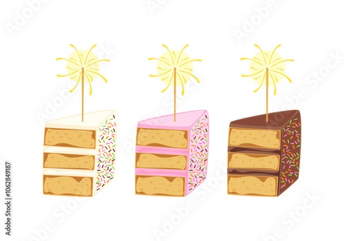 Vector illustration set of different flavors of cute style cake slices. Flat design, isolated on white. Vector illustration of bakery, birthday cake, party, celebration, festival, happy for greeting.