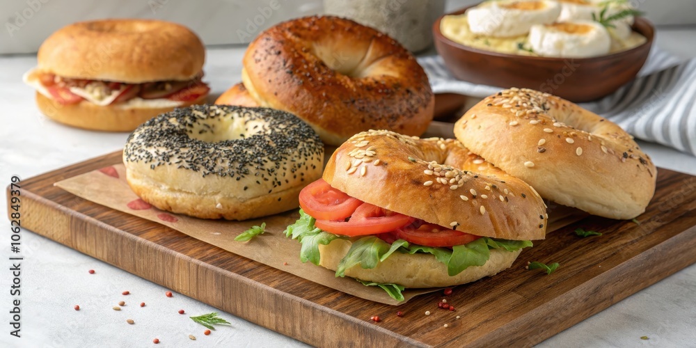 Freshly baked bagels with various toppings, including sesame seeds, poppy seeds, and everything seasoning, are arranged on a wooden cutting board, ready to be enjoyed. Freshly baked bagels with various toppings, including sesame seeds, poppy seeds, and everything seasoning, are arranged on a wooden cutting board, ready to be enjoyed.
