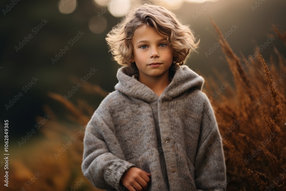 Outdoor portrait of a cute little boy with curly hair in a gray coat Outdoor portrait of a cute little boy with curly hair in a gray coat