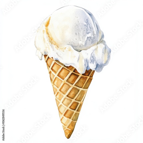 watercolor a scoop of vanilla ice cream in a cone on an isolated white background 