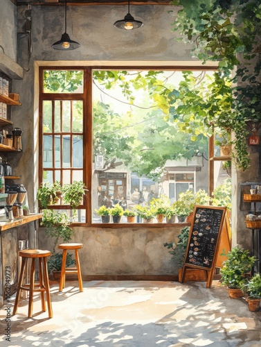 watercolor illustration, coffee shop with plants, sunlight, nature style, anime style