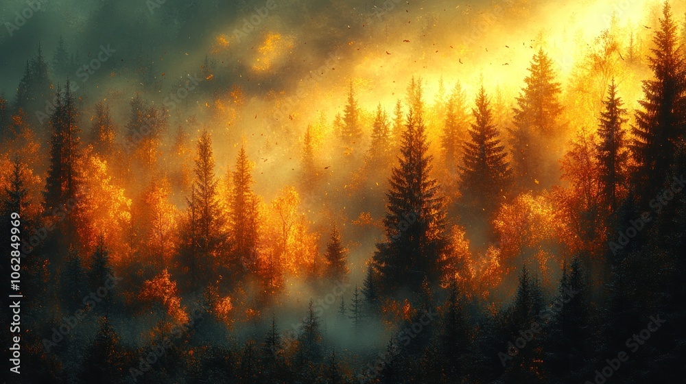 Naklejka premium A vibrant forest scene illuminated by warm autumn colors.