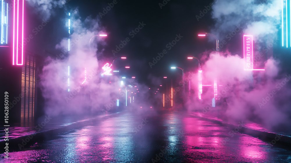 Neon Cityscape in the Rain Dark street, night smog and smoke neon light. Dark background of the night city, ray of light in the dark
Neon Cityscape in the Rain Dark street, night smog and smoke neon light. Dark background of the night city, ray of light in the dark