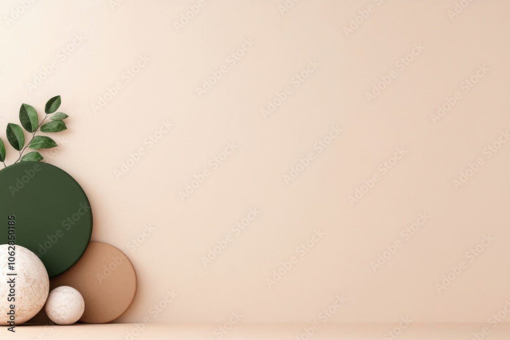 Minimalist still life with green leaves, spheres and circles on beige background