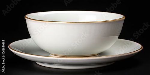 A simple yet elegant white porcelain bowl with a gold rim, resting on a matching saucer against a black background.