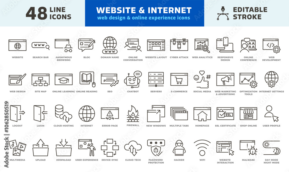 Website and internet thin line icons for web design and digital online network experience