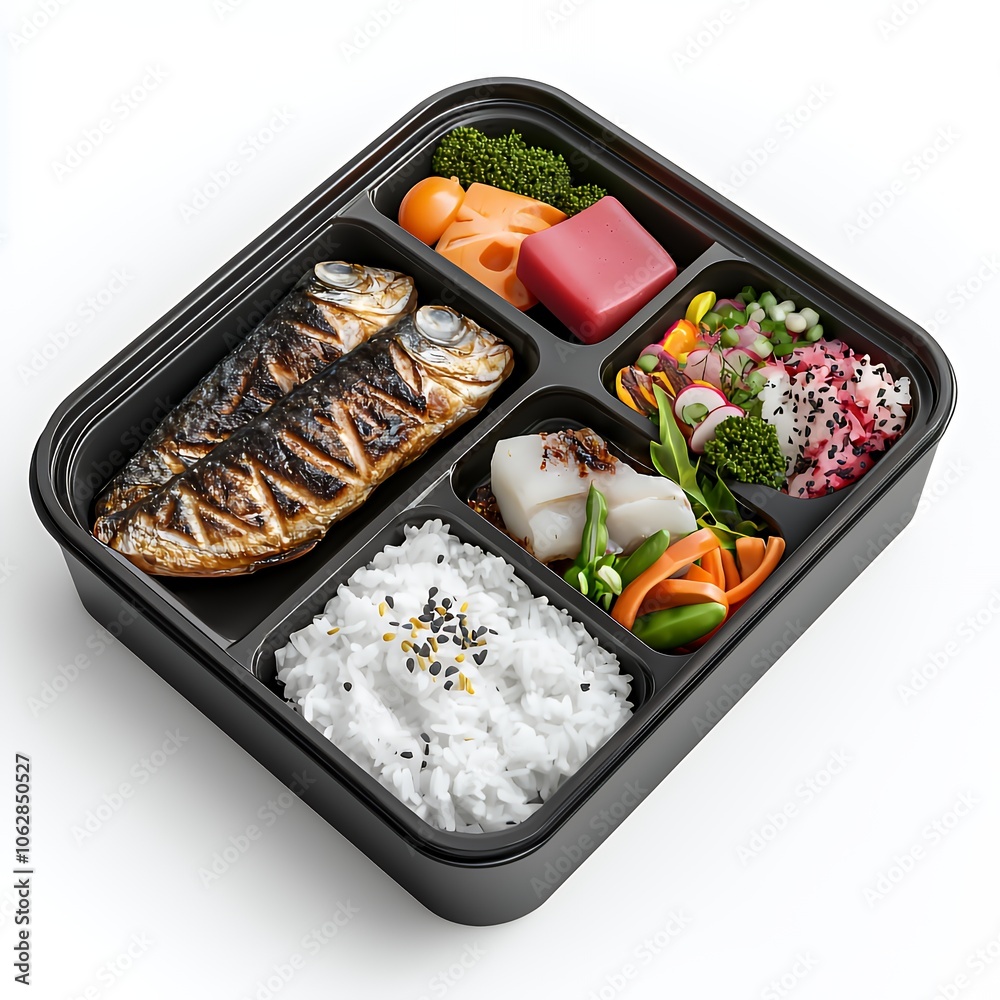 Japanese bento box with grilled fish, rice, vegetables, and sashimi. Japanese bento box with grilled fish, rice, vegetables, and sashimi.