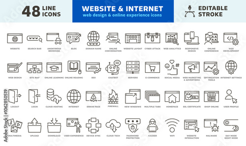 Website and internet thin line icons for web design and digital online network experience