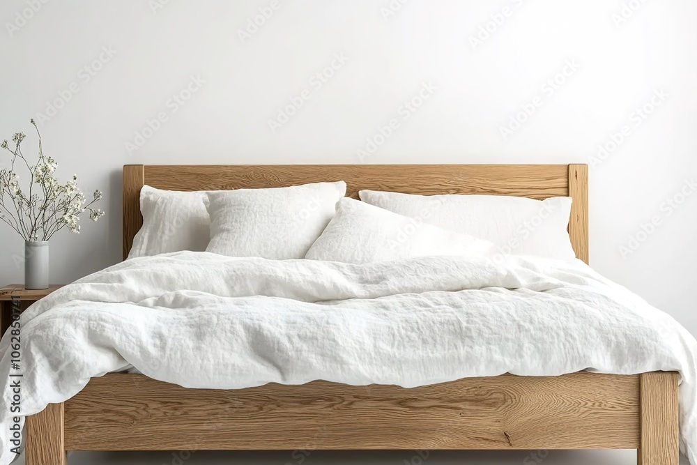 A simple oak bed frame with two white linen pillows and a duvet on it A simple oak bed frame with two white linen pillows and a duvet on it