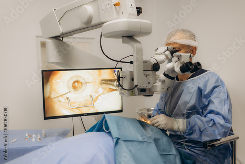 A surgeon looks through a microscope in the operating room. A doctor uses a microscope during eye surgery or diagnosis, cataract treatment and diopter correction.