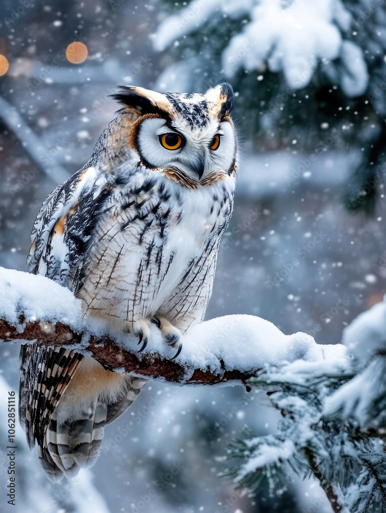 The owl sits quietly on a snow-laden branch, surrounded by softly falling snowflakes. Its sharp gaze and detailed feathers create a captivating winter portrait in the woods. The owl sits quietly on a snow-laden branch, surrounded by softly falling snowflakes. Its sharp gaze and detailed feathers create a captivating winter portrait in the woods.