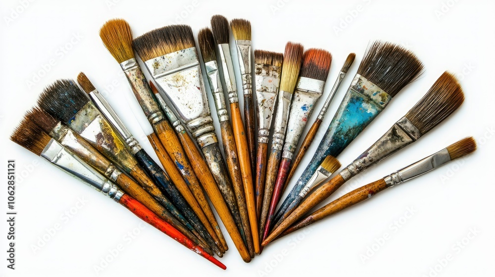 Obraz premium A collection of paintbrushes resting on a white background, showcasing different brush sizes and styles.