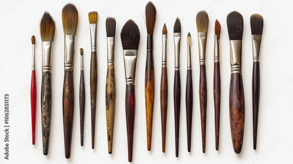 A collection of paintbrushes resting on a white background, showcasing different brush sizes and styles. A collection of paintbrushes resting on a white background, showcasing different brush sizes and styles.
