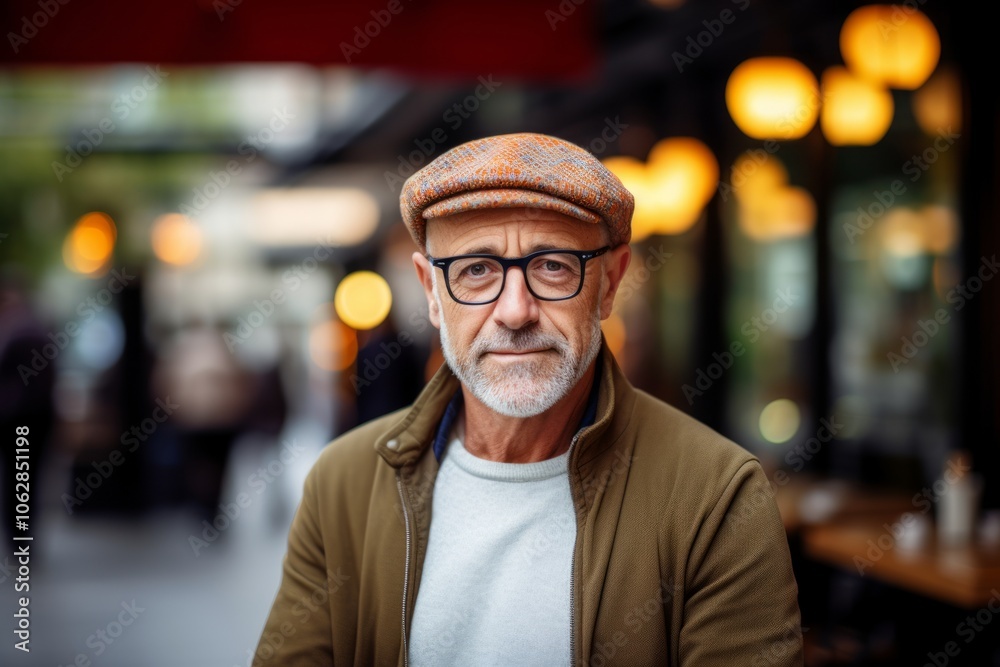 Portrait of a senior man in a hat and glasses standing in a cafe. Portrait of a senior man in a hat and glasses standing in a cafe.
