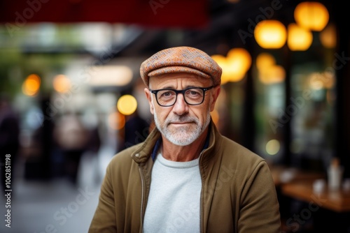 Portrait of a senior man in a hat and glasses standing in a cafe.