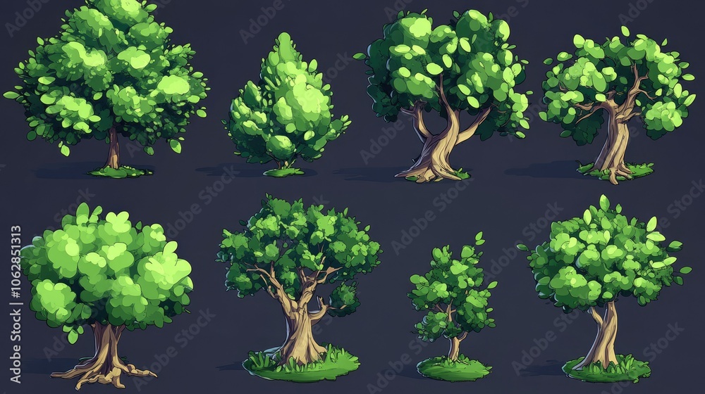 Fototapeta premium A collection of unique cartoon tree designs featuring vibrant green leaves, isolated for game assets
