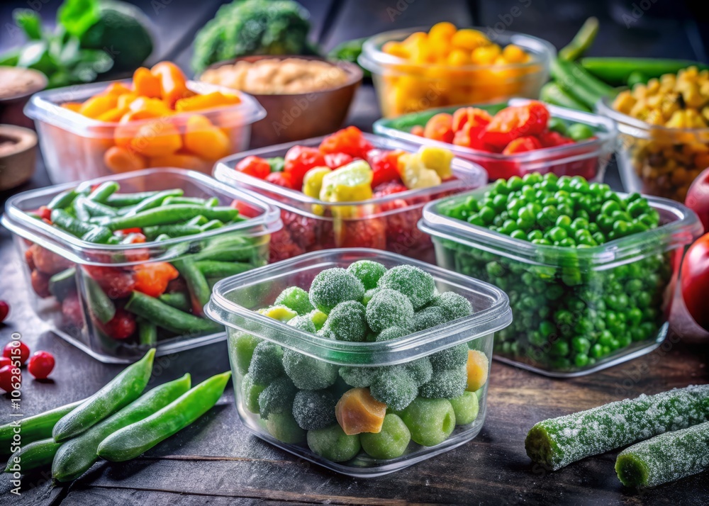 A Closeup of Assorted Frozen Vegetables in Containers on a Table, Captured in Night Photography with Vibrant Colors and Textures, Ideal for Culinary and Food Photography Themes A Closeup of Assorted Frozen Vegetables in Containers on a Table, Captured in Night Photography with Vibrant Colors and Textures, Ideal for Culinary and Food Photography Themes
