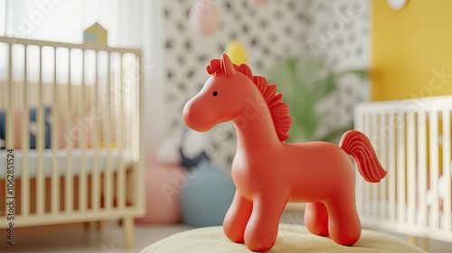 A colorful red horse toy in a modern baby room, designed with soft, neutral tones and playful decor. photo