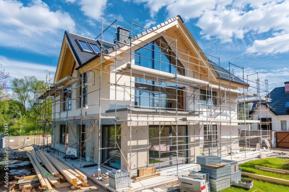 Exterior view of a new house in scaffolding under construction and painting. Exterior view of a new house in scaffolding under construction and painting.
