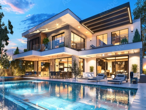 Wallpaper Mural Luxury modern house with pool, evening. Torontodigital.ca
