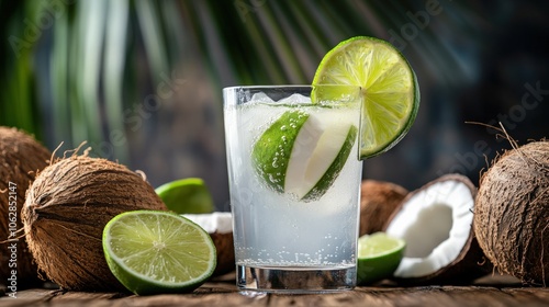 A tropical organic coconut water with a hint of lime, offering a hydrating and refreshing drink, perfect for hot summer days or post-workout hydration photo