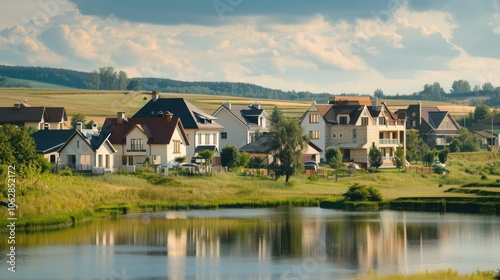 A perfect neighbourhood, houses in suburb at summer, luxury houses with nice landscape.