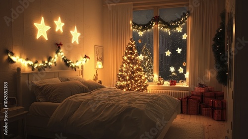 A cozy bedroom decorated for Christmas, featuring a white bed, a garland-lit Christmas tree, and festive stars on the window.