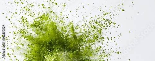 Green soil particles exploding in all directions, captured mid-motion with a high-definition camera, against a pristine white background, showcasing vivid color and texture. 