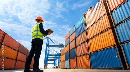 Dock worker in high-visibility vest holding a clipboard inspecting stacked shipping containers with industrial cranes in the background midday lighting side view photo