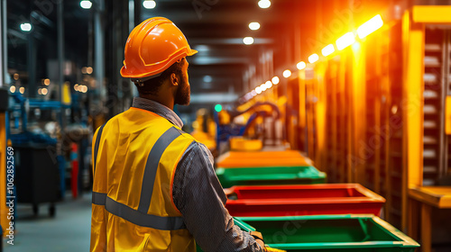 Engineers at a modern waste recycling plant inspecting robotic sorting systems photo