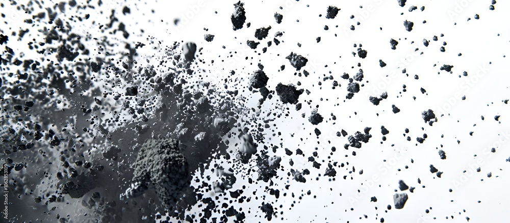Grey soil burst against a white backdrop, particles creating a dynamic and intricate pattern, with sharp details and high contrast. 40k, full ultra hd, high resolution Grey soil burst against a white backdrop, particles creating a dynamic and intricate pattern, with sharp details and high contrast. 40k, full ultra hd, high resolution