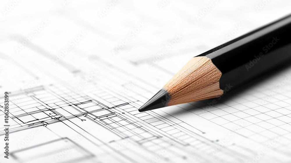 Rough pencil sketching over a detailed blueprint, textured paper, soft shadows from natural lighting, close-up showing fine lines and architectural precision.