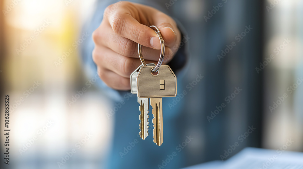 Close-up of a hand holding house keys over loan documents, modern office background, soft light, concept of achieving property ownership through financing, focus on success Close-up of a hand holding house keys over loan documents, modern office background, soft light, concept of achieving property ownership through financing, focus on success