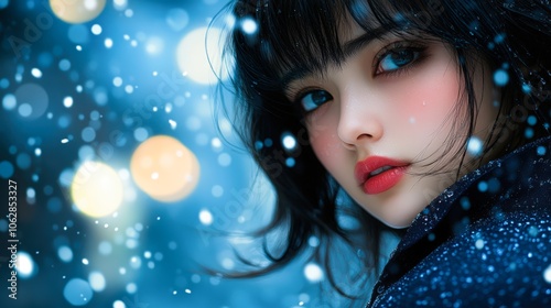 A close-up portrait of an attractive young woman, set against a soft, snowy backdrop with blurred warm light bokeh, This image is perfect for winter themes, beauty products, or fashion campaigns,