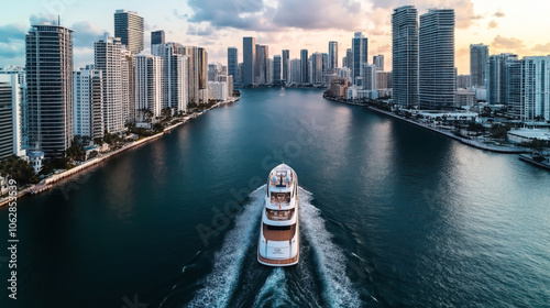 Aerial view of a yacht sailing through a waterway flanked by tall skyscrapers in a modern cityscape during sunset, under a partly cloudy sky. photo