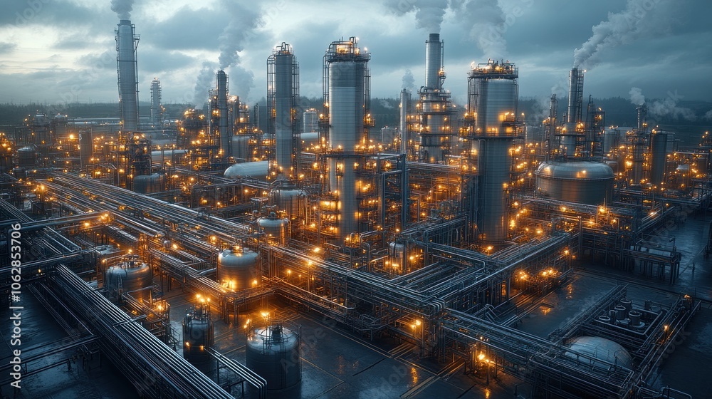 Fototapeta premium Industrial complex with smokestacks and illuminated structures.