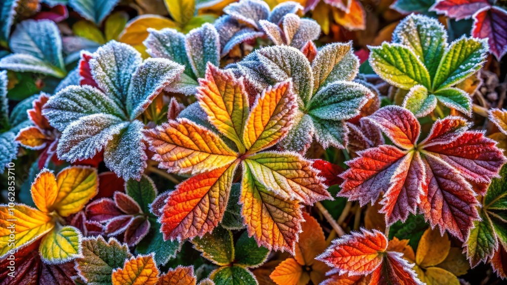 Naklejka premium Aerial View of Frost-Covered Leaves in Late Autumn - Capturing Nature's Beauty in Frigid Mornings with a Focus on Vibrant Plant Life and Seasonal Changes